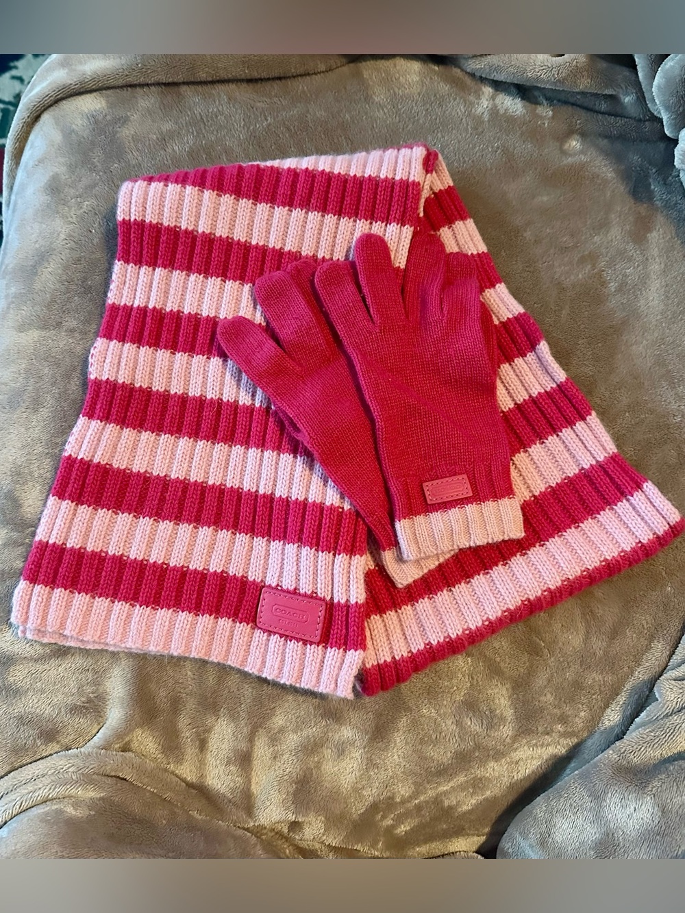 COACH Fuchsia Pink Striped Ribbed Knit Cashmere Scarf & Glove Set F98409